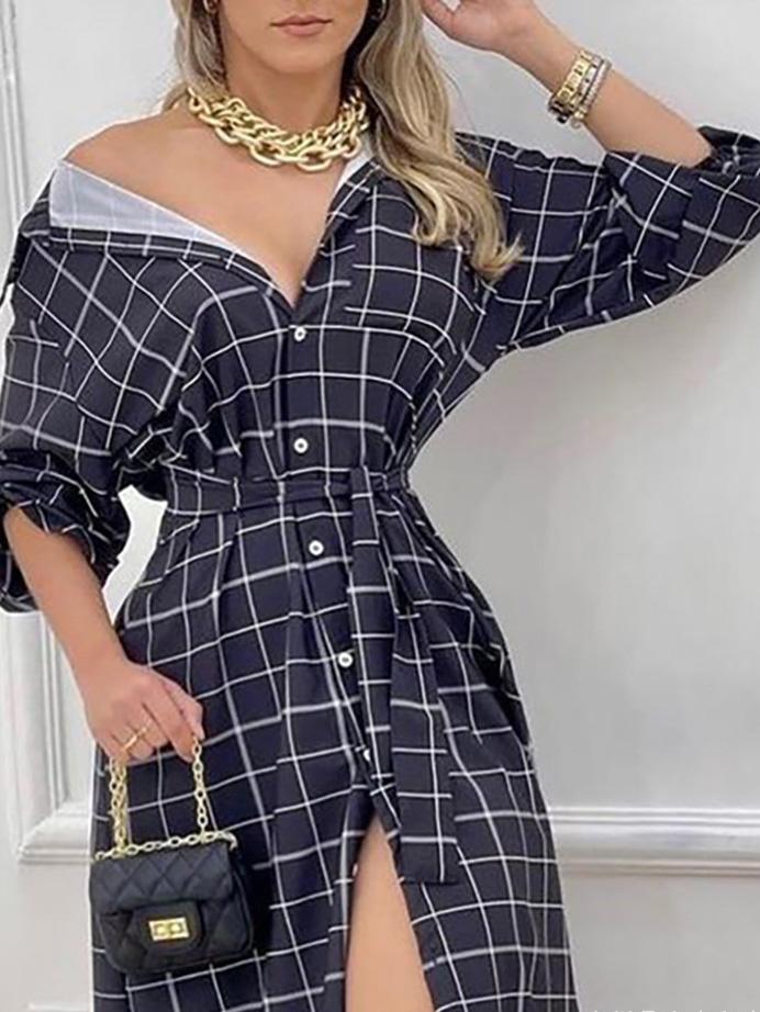 Women's Dresses Check Print Button Long Sleeve Shirt Dress - LuckyFash™