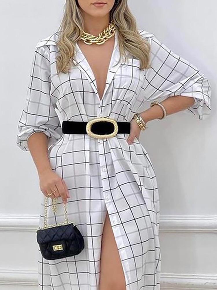 Women's Dresses Check Print Button Long Sleeve Shirt Dress - LuckyFash™