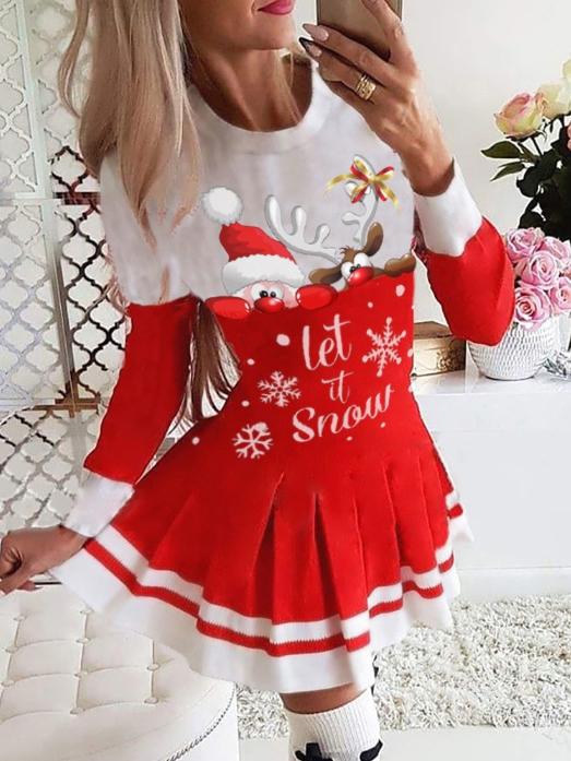 Women's Dresses Christmas Print Long Sleeve Pleated Dress - LuckyFash™