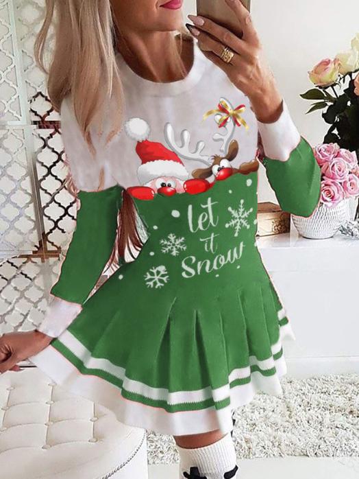 Women's Dresses Christmas Print Long Sleeve Pleated Dress - LuckyFash™