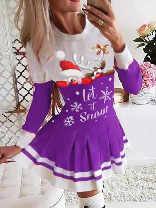 Women's Dresses Christmas Print Long Sleeve Pleated Dress - LuckyFash™