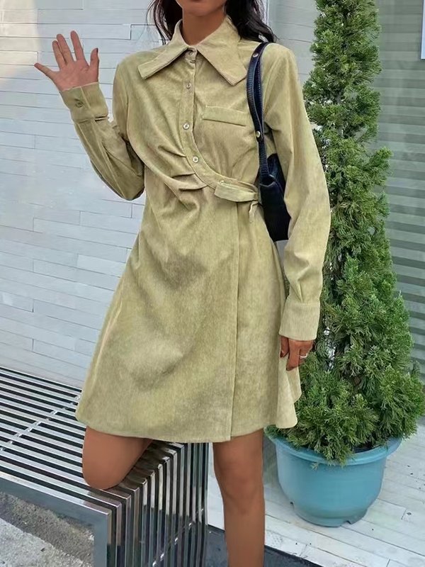 Dresses Corduroy Collared Neck Strap Mini Dress - LuckyFash™