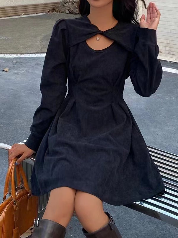 Dresses Corduroy Solid Cut-Out Cross Neck Mini Dress - LuckyFash™