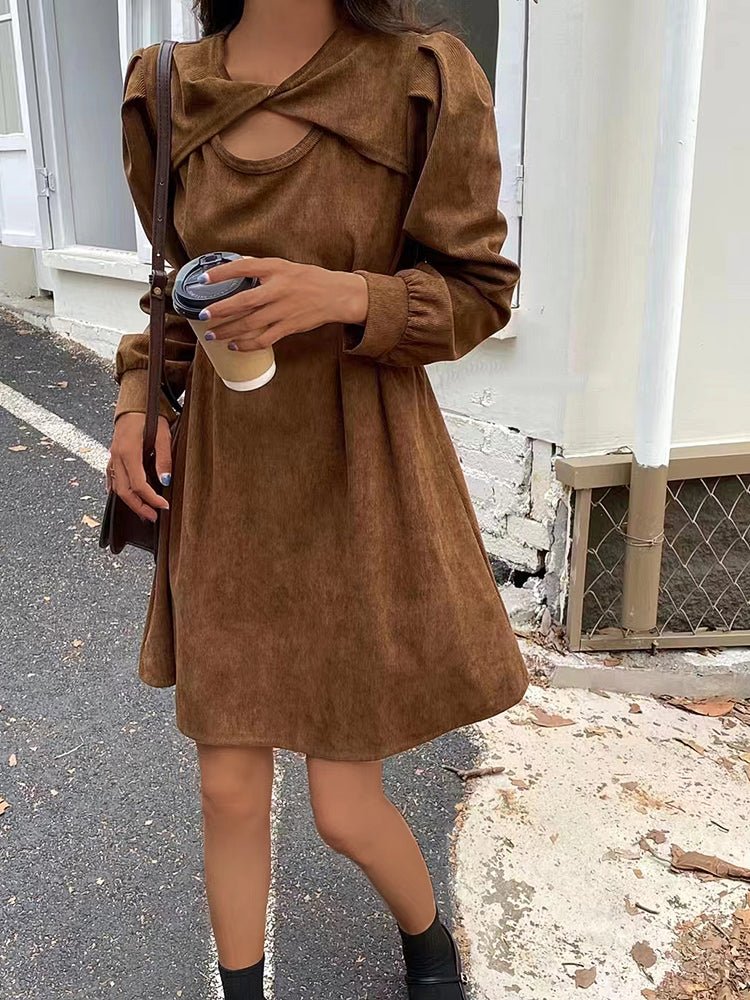 Dresses Corduroy Solid Cut-Out Cross Neck Mini Dress - LuckyFash™