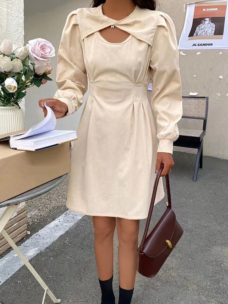 Dresses Corduroy Solid Cut-Out Cross Neck Mini Dress - LuckyFash™