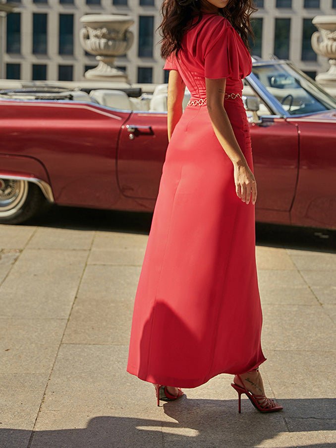 Women's Dresses Crew Neck Pleated Slit Maxi Dress - LuckyFash™
