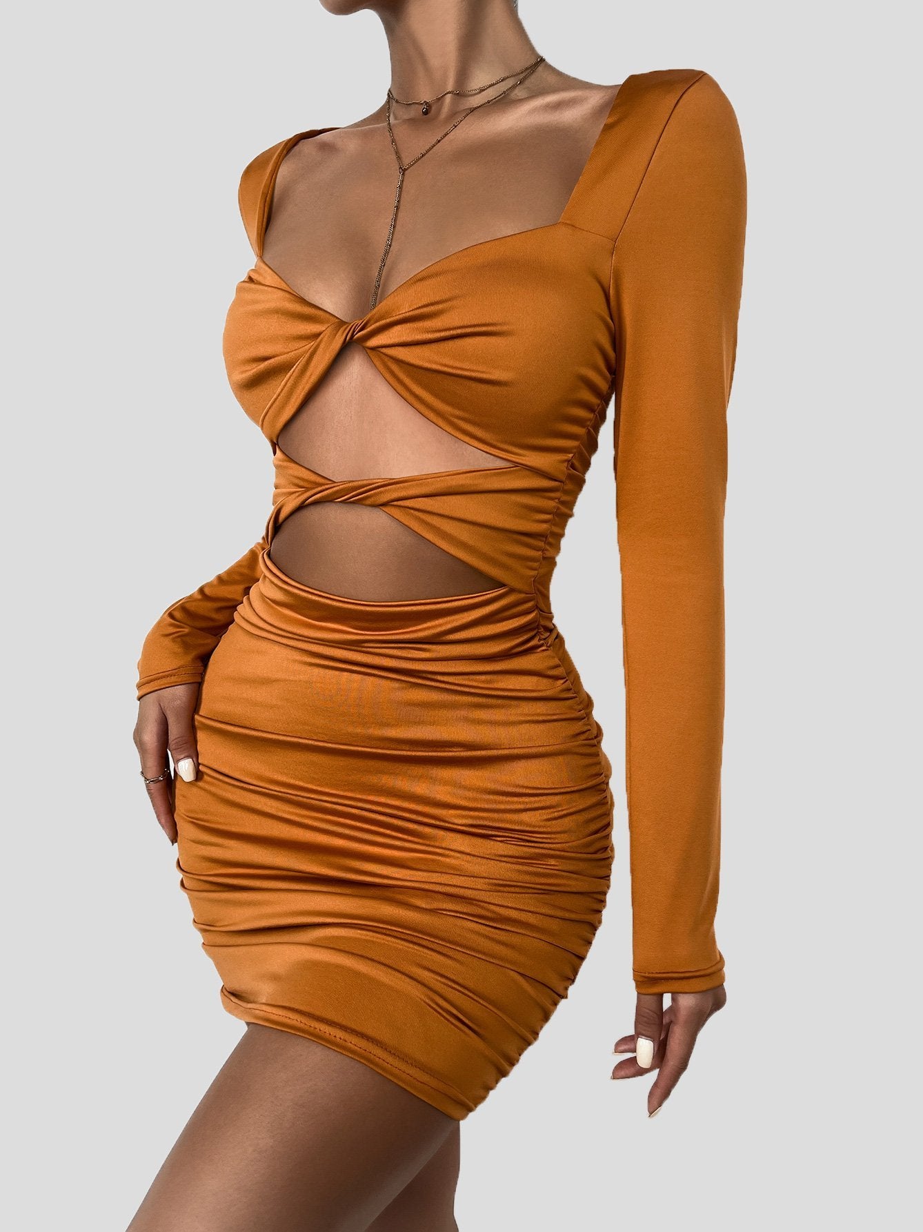 Women's Dresses Deep V Hollow Tie Pleated Long Sleeve Dress - LuckyFash™