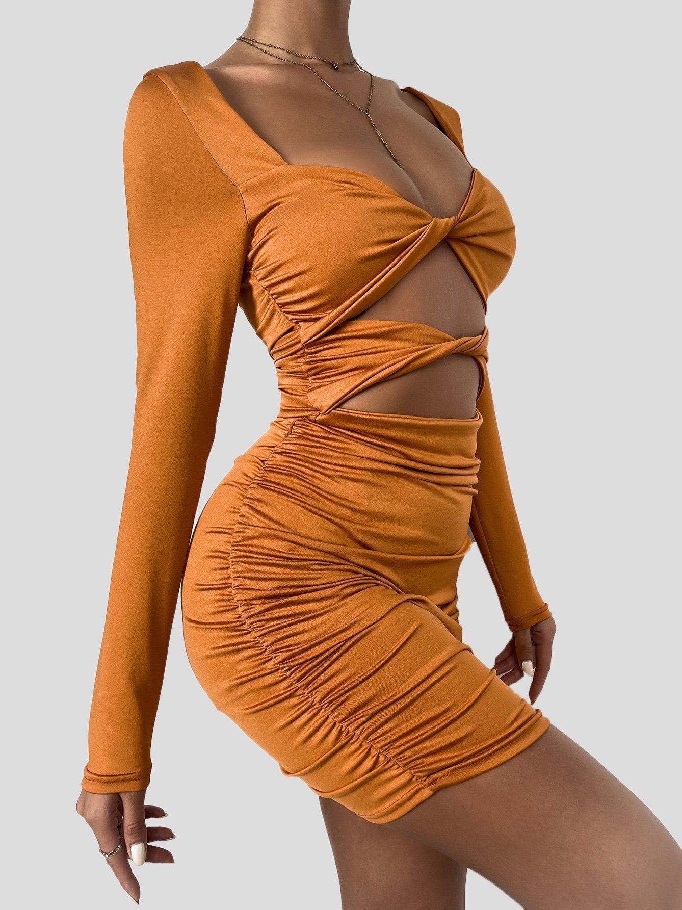 Women's Dresses Deep V Hollow Tie Pleated Long Sleeve Dress - LuckyFash™