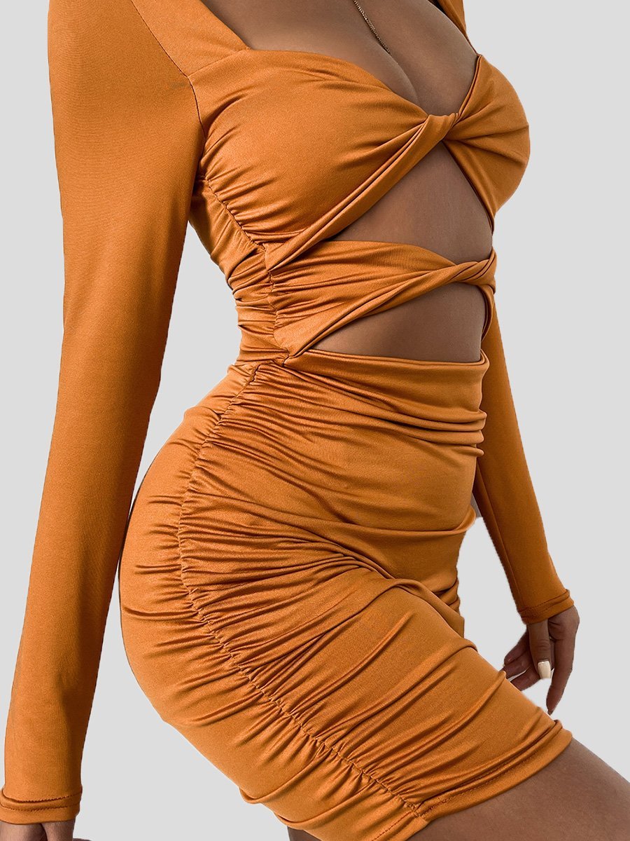 Women's Dresses Deep V Hollow Tie Pleated Long Sleeve Dress - LuckyFash™