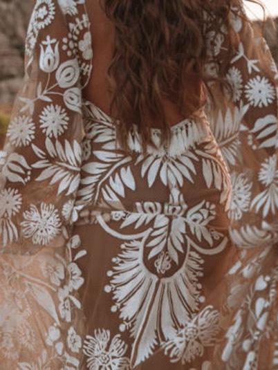 Women's Dresses Deep V Mesh Embroidered Puff Sleeve Halter Dress - LuckyFash™