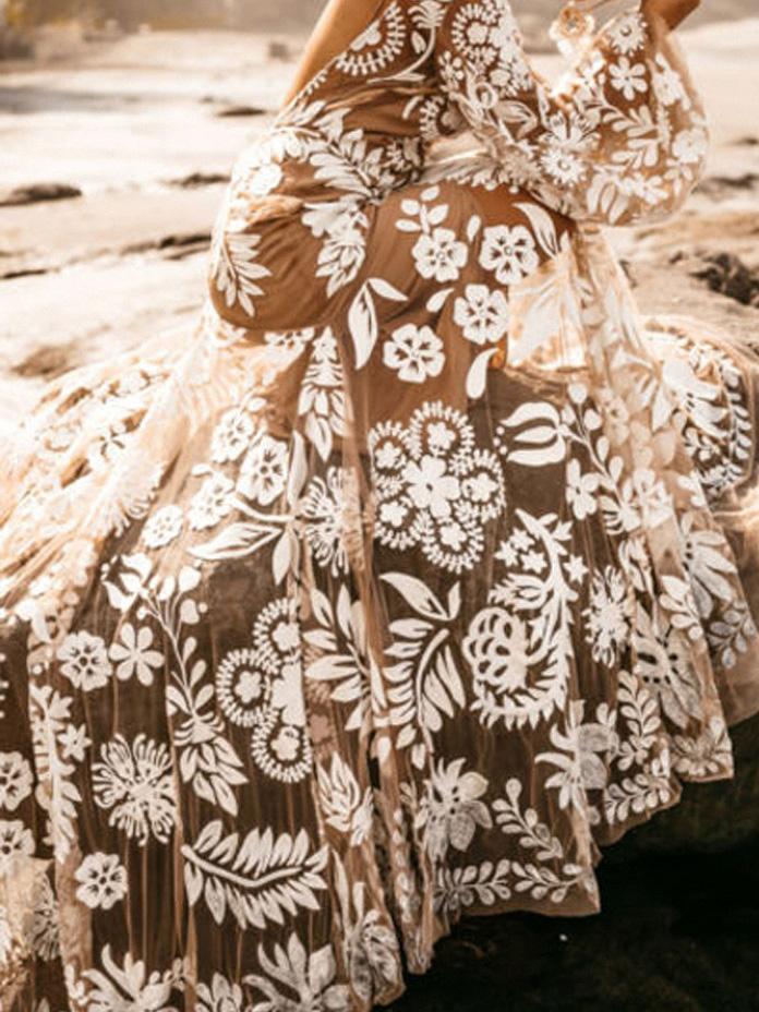 Women's Dresses Deep V Mesh Embroidered Puff Sleeve Halter Dress - LuckyFash™
