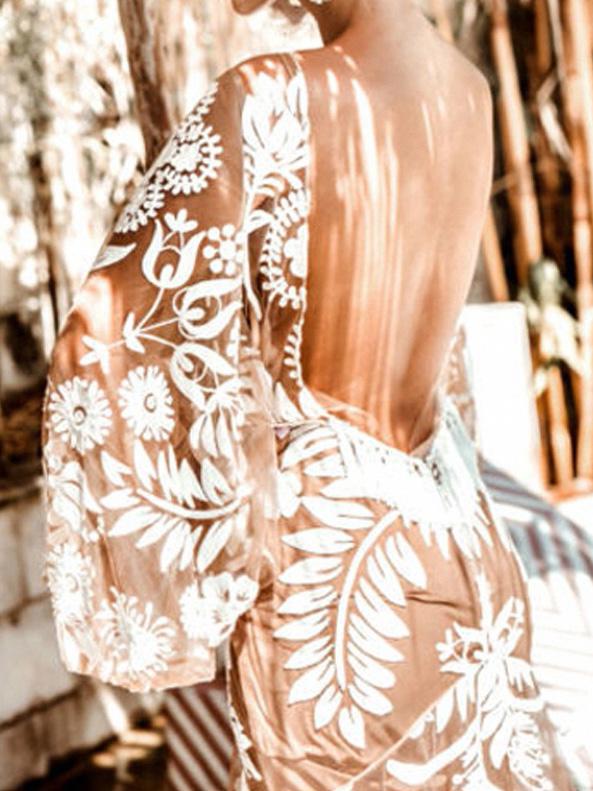 Women's Dresses Deep V Mesh Embroidered Puff Sleeve Halter Dress - LuckyFash™