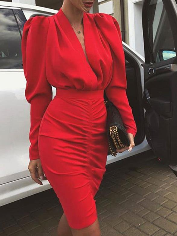 Women's Dresses Deep V-Neck Long Sleeve Skinny Midi Dress - LuckyFash™