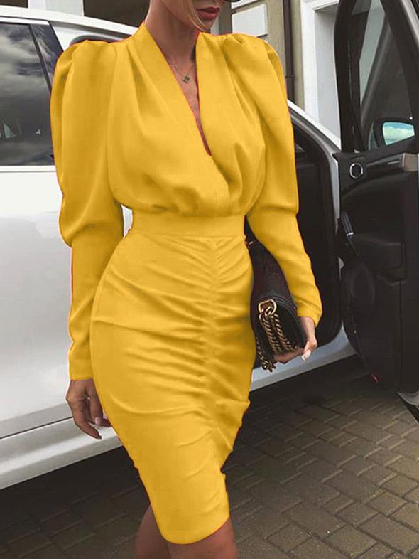 Women's Dresses Deep V-Neck Long Sleeve Skinny Midi Dress - LuckyFash™