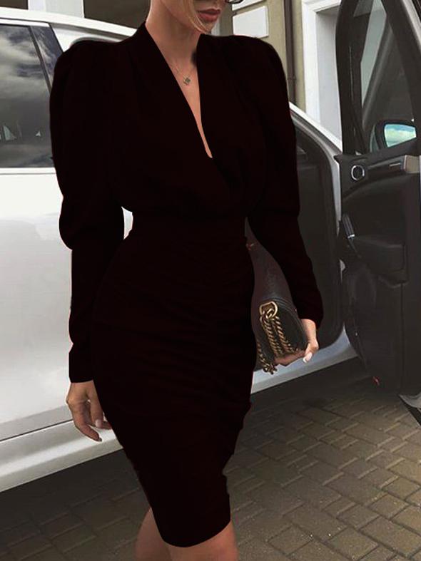Women's Dresses Deep V-Neck Long Sleeve Skinny Midi Dress - LuckyFash™