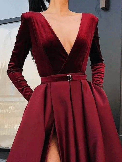 Women's Dresses Deep V-Neck Long Sleeve Split Dress - LuckyFash™
