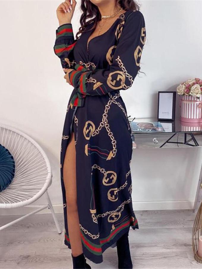 Women's Dresses Deep V-Neck Printed Lace Long Sleeve Dress - LuckyFash™