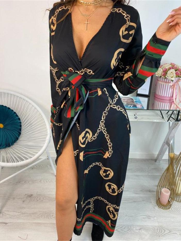 Women's Dresses Deep V-Neck Printed Lace Long Sleeve Dress - LuckyFash™