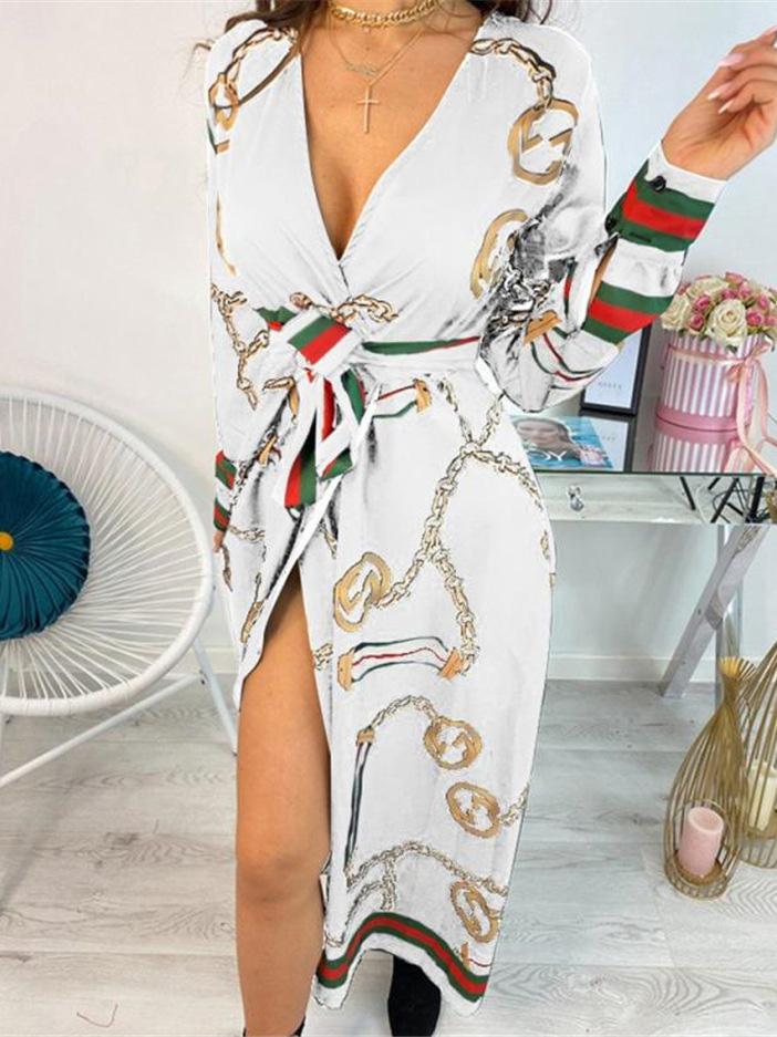 Women's Dresses Deep V-Neck Printed Lace Long Sleeve Dress - LuckyFash™