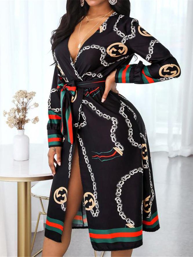 Women's Dresses Deep V-Neck Printed Lace Long Sleeve Dress - LuckyFash™