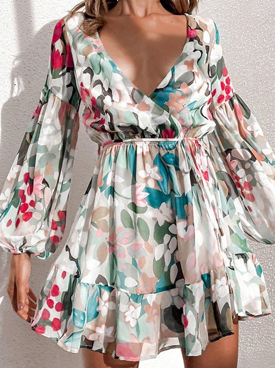 Dresses Deep V-Neck Printed Long Sleeve Ruffle Dress - LuckyFash™
