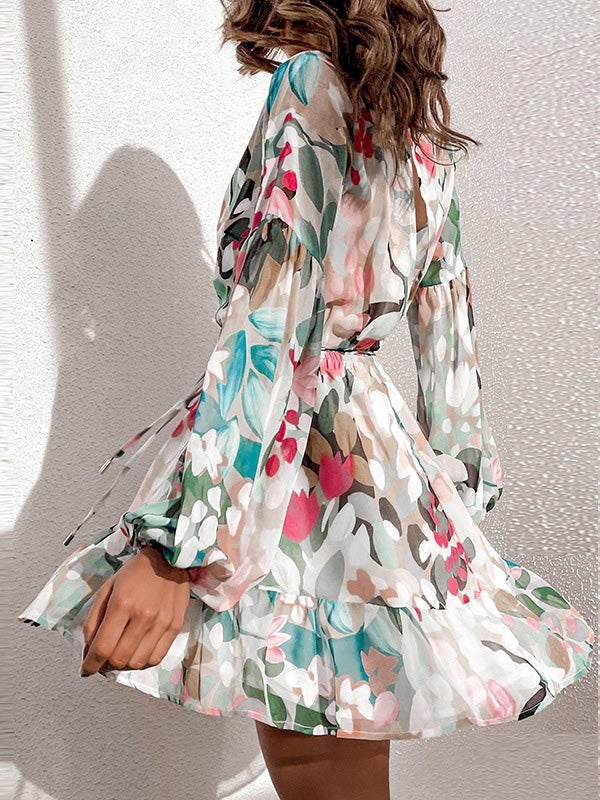 Dresses Deep V-Neck Printed Long Sleeve Ruffle Dress - LuckyFash™