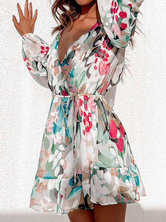 Dresses Deep V-Neck Printed Long Sleeve Ruffle Dress - LuckyFash™