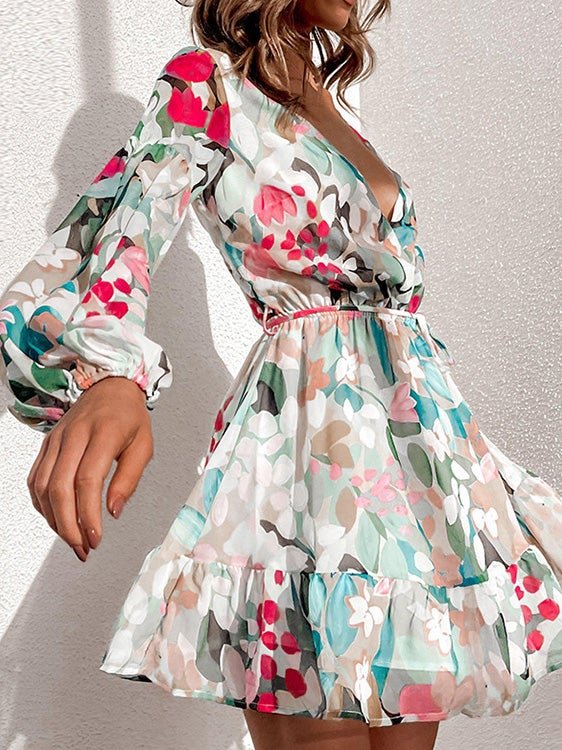 Dresses Deep V-Neck Printed Long Sleeve Ruffle Dress - LuckyFash™