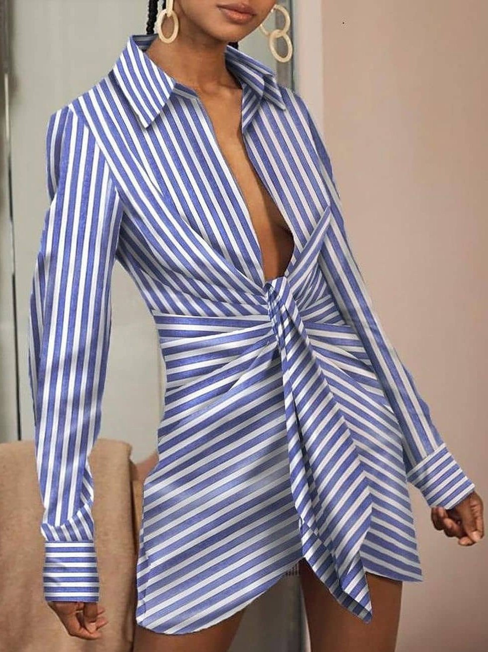 Women's Dresses Deep V-Neck Striped Long Sleeve Shirt Dress - LuckyFash™