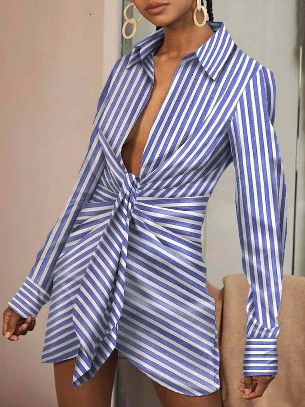 Women's Dresses Deep V-Neck Striped Long Sleeve Shirt Dress - LuckyFash™