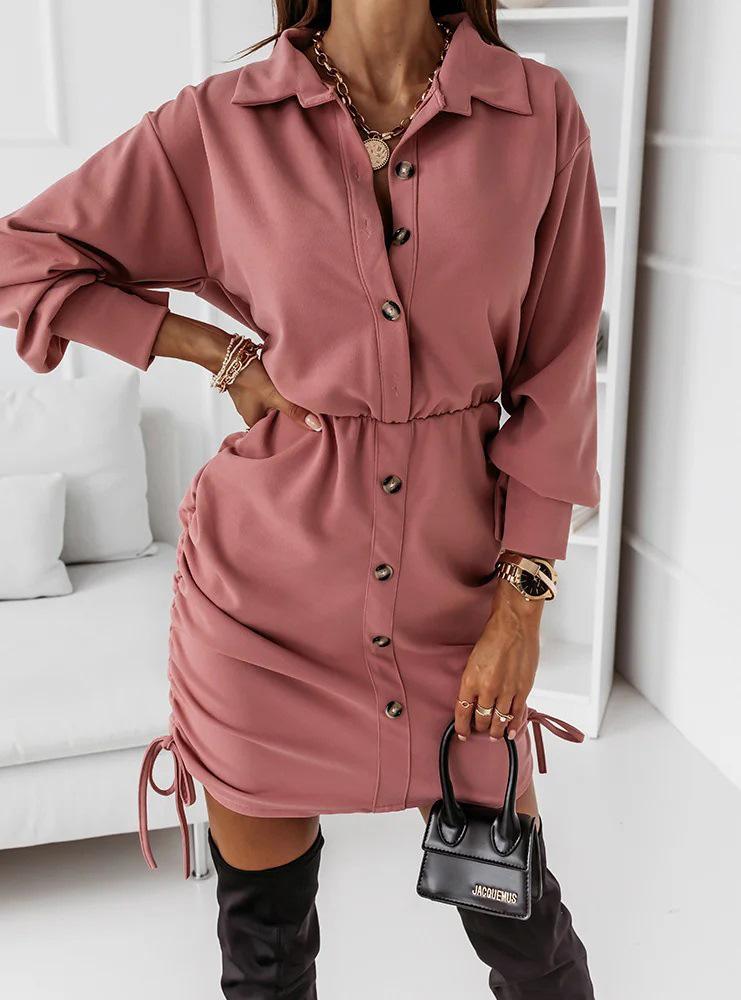 Women's Dresses Drawstring Button Long Sleeve Shirt Dress - LuckyFash™