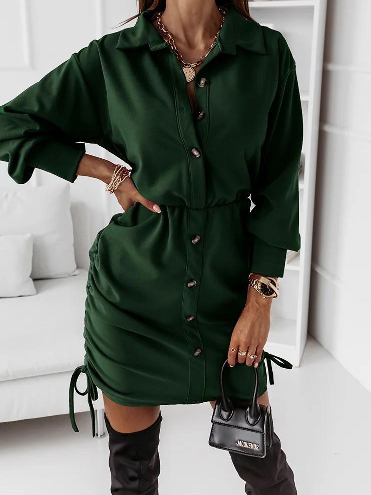 Women's Dresses Drawstring Button Long Sleeve Shirt Dress - LuckyFash™