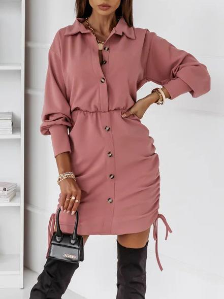 Women's Dresses Drawstring Button Long Sleeve Shirt Dress - LuckyFash™