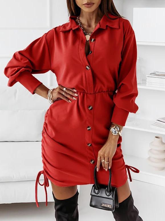 Women's Dresses Drawstring Button Long Sleeve Shirt Dress - LuckyFash™