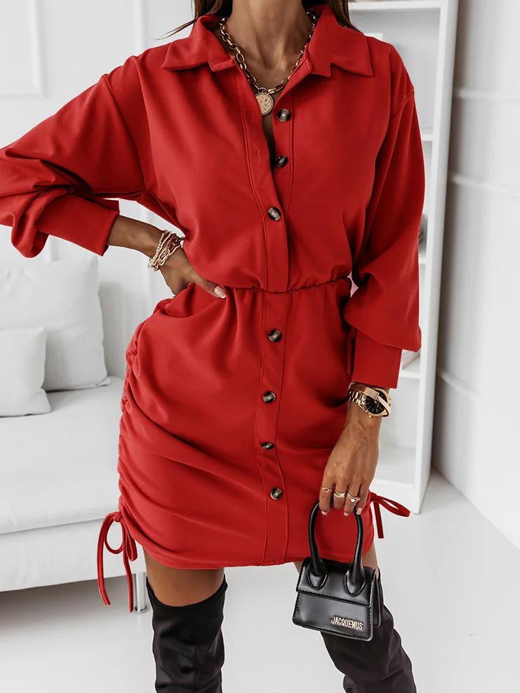 Women's Dresses Drawstring Button Long Sleeve Shirt Dress - LuckyFash™