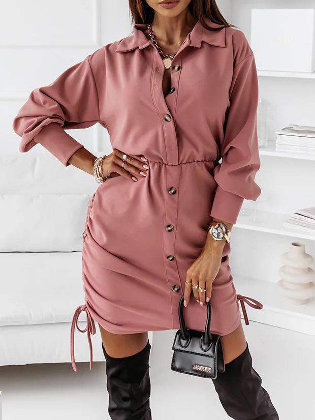 Women's Dresses Drawstring Button Long Sleeve Shirt Dress - LuckyFash™