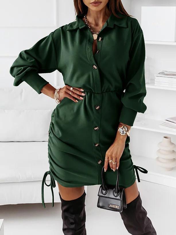 Women's Dresses Drawstring Button Long Sleeve Shirt Dress - LuckyFash™