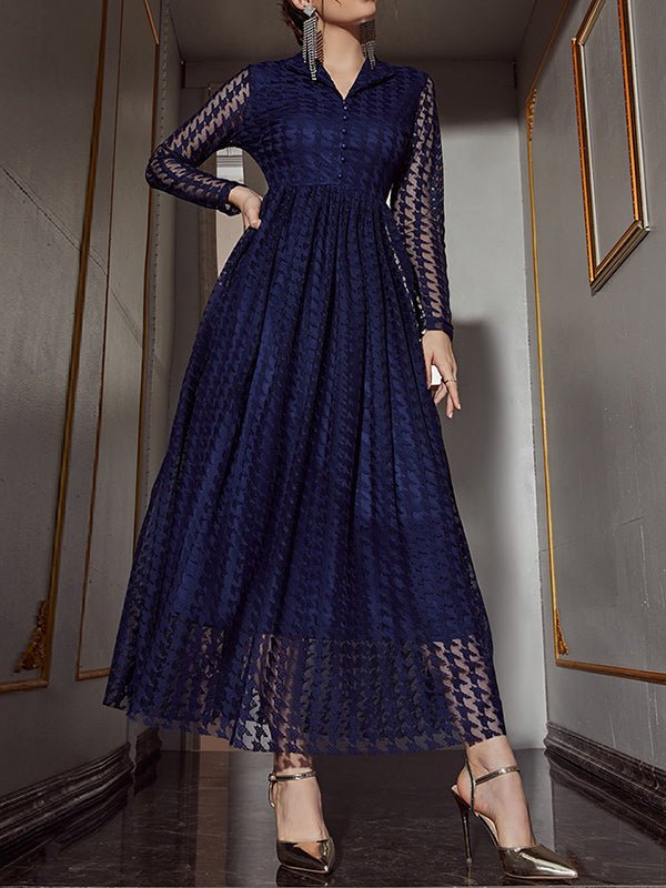 Dresses Fashion Casual Mesh Hollowed V-Neck Long-sleeved Maxi Dress - LuckyFash™