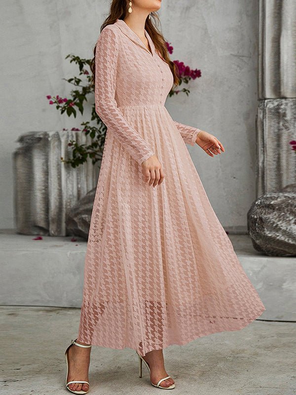 Dresses Fashion Casual Mesh Hollowed V-Neck Long-sleeved Maxi Dress - LuckyFash™
