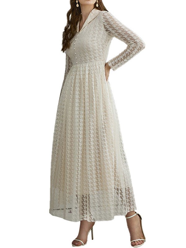 Dresses Fashion Casual Mesh Hollowed V-Neck Long-sleeved Maxi Dress - LuckyFash™