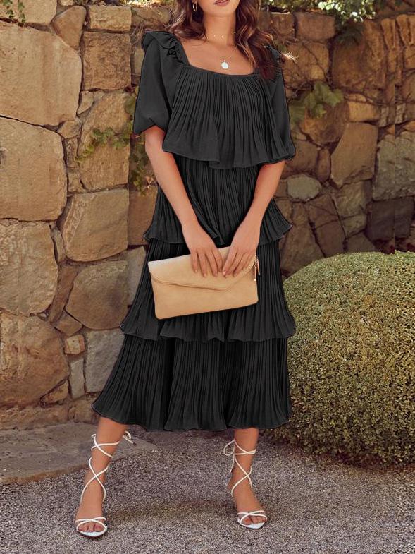 Women's Dresses Flowy Pleated Short Sleeve Cake Dress - LuckyFash™