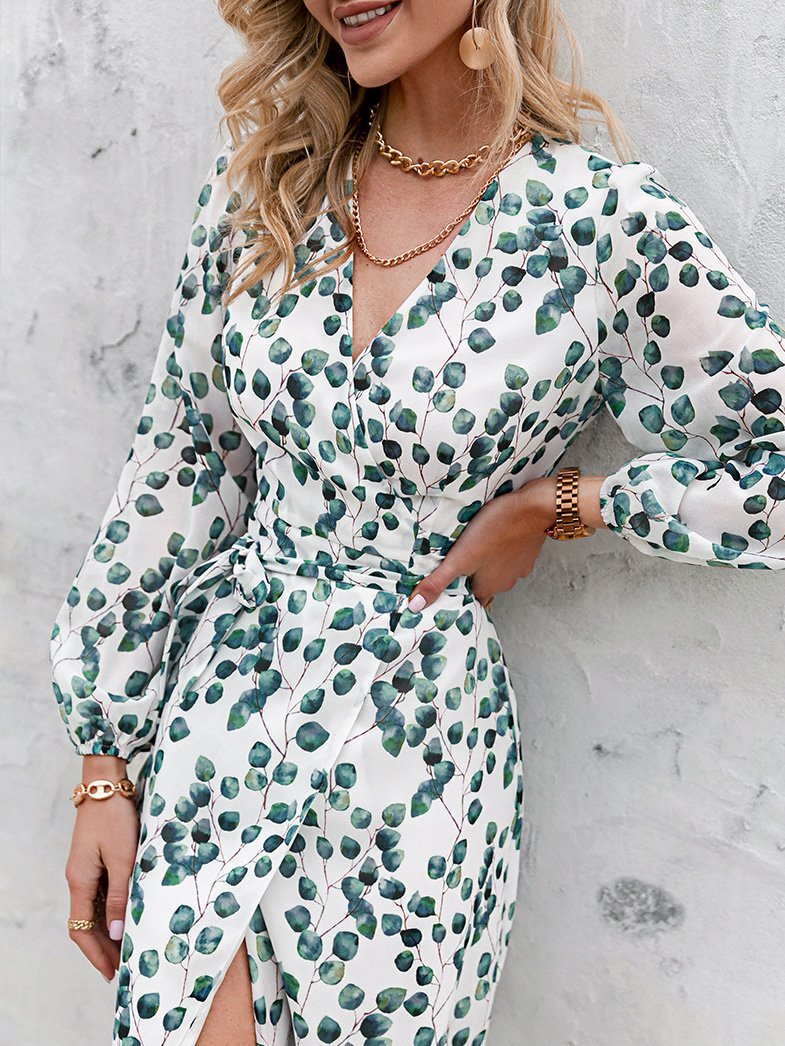 Women's Dresses Green Leaf Print Long Sleeve Lace-Up Dress - LuckyFash™