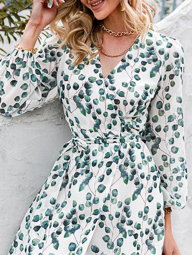 Women's Dresses Green Leaf Print Long Sleeve Lace-Up Dress - LuckyFash™