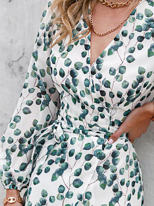 Women's Dresses Green Leaf Print Long Sleeve Lace-Up Dress - LuckyFash™