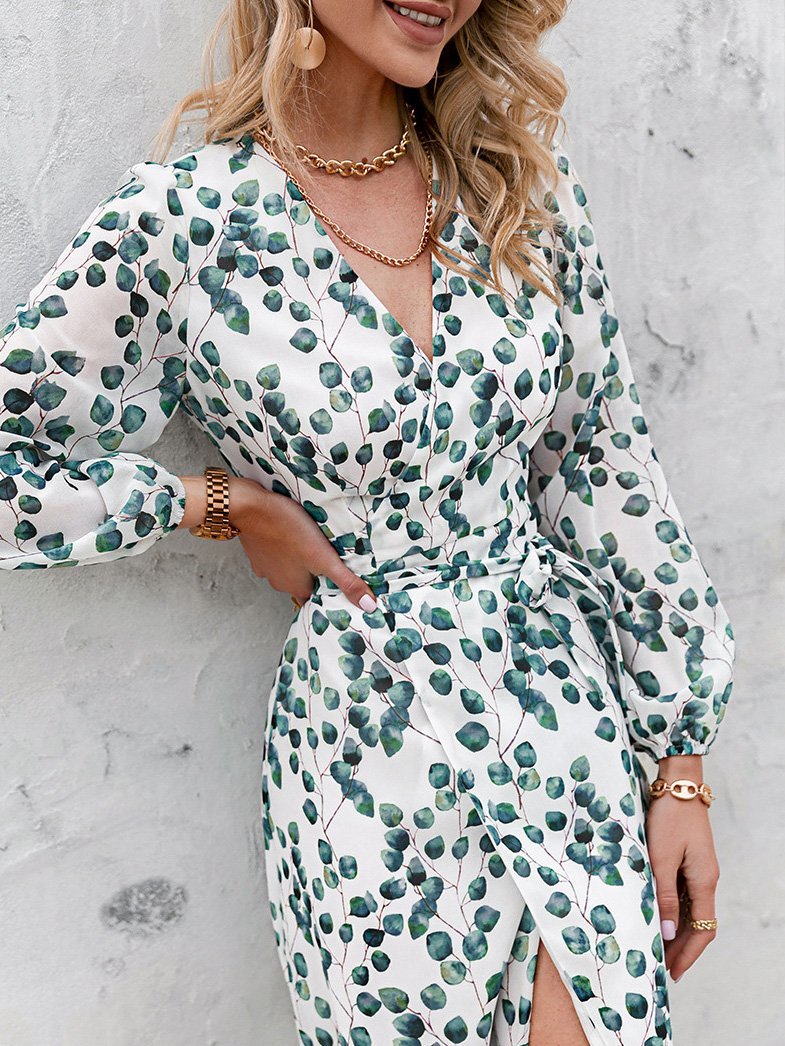 Women's Dresses Green Leaf Print Long Sleeve Lace-Up Dress - LuckyFash™