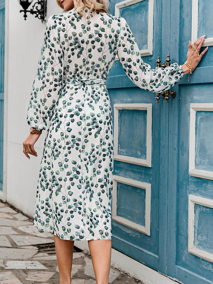 Women's Dresses Green Leaf Print Long Sleeve Lace-Up Dress - LuckyFash™