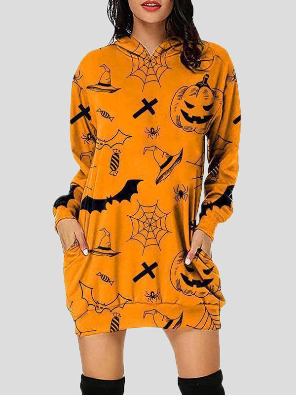 Women's Dresses Halloween Print Hooded Pocket Long Sleeve Dress - LuckyFash™