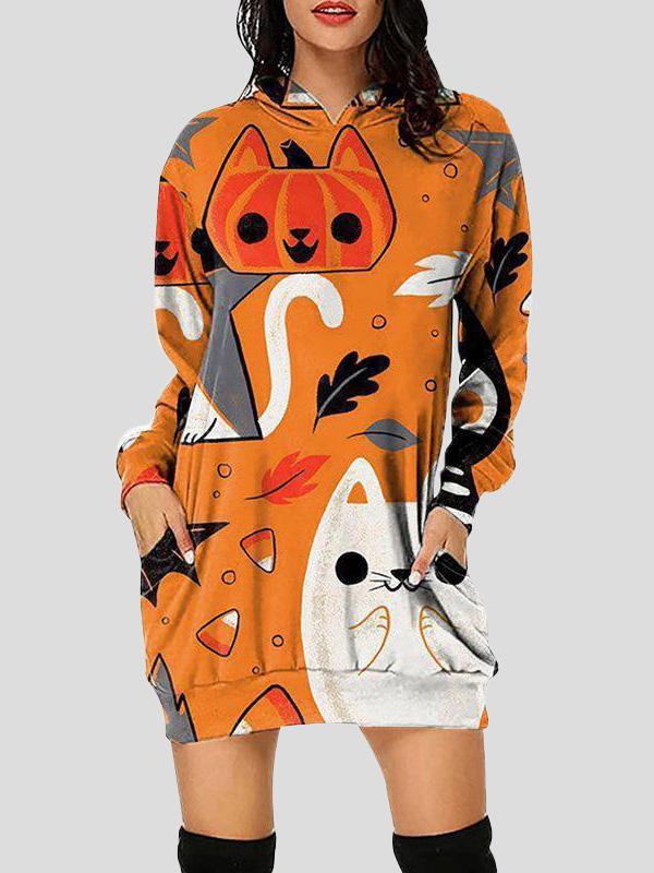Women's Dresses Halloween Print Hooded Pocket Long Sleeve Dress - LuckyFash™