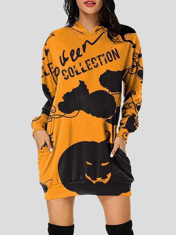 Women's Dresses Halloween Print Hooded Pocket Long Sleeve Dress - LuckyFash™