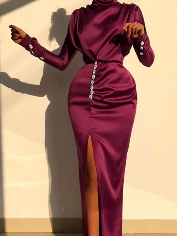 Women's Dresses High Neck Long Sleeve Water Drop Rhinestone Split Dress - LuckyFash™